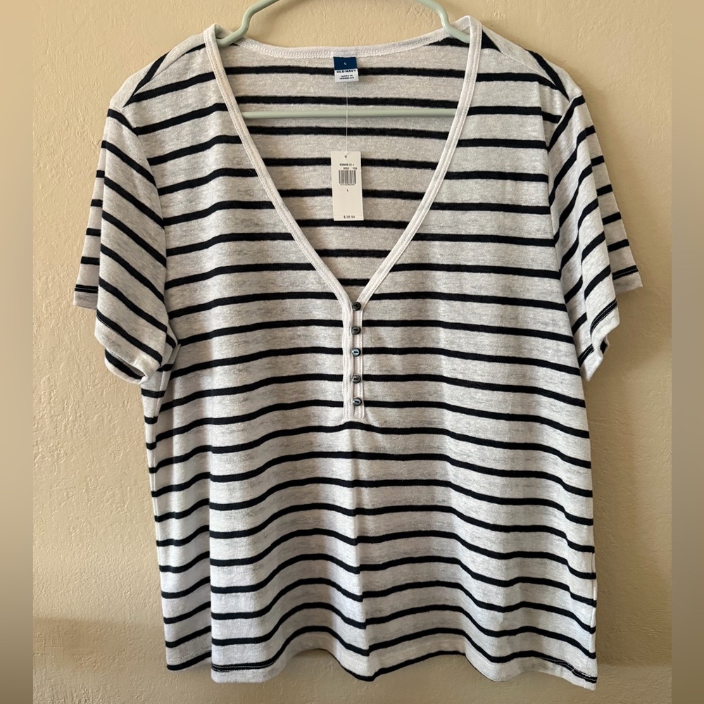 Old Navy Black and White Striped V-Neck Tee